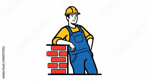 A worker in overalls and a hard hat leans on a brick wall on worker day celebrating labor.