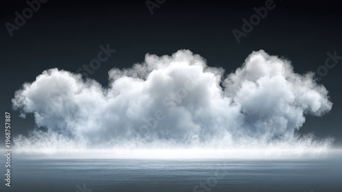 Dense white clouds hover over a misty, textured surface in darkness.