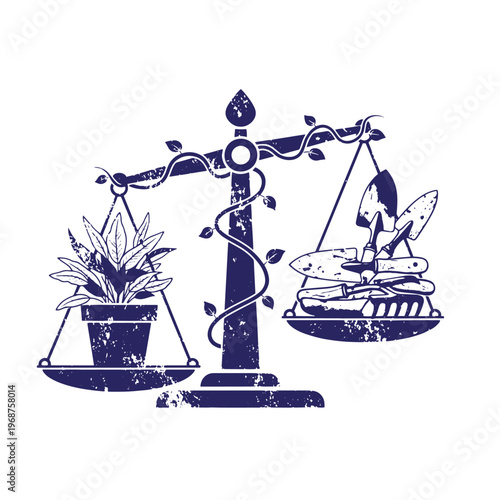 Dark blue silhouette of a balance scale with a potted plant on one side and gardening tools on the other featuring a distressed grunge texture and vine embellishments on a white background