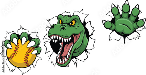 Ferocious cartoon dinosaur mascot breaking through wall with claw gripping baseball, aggressive sports logo illustration, vibrant green reptile character design