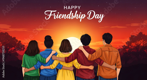 Happy friendship day celebrating bonds with friends at sunset a heartwarming scene