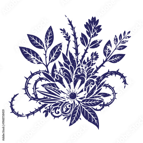 Dark blue silhouette of a floral arrangement with thorny vines and leaves featuring a distressed grunge texture isolated on a white background