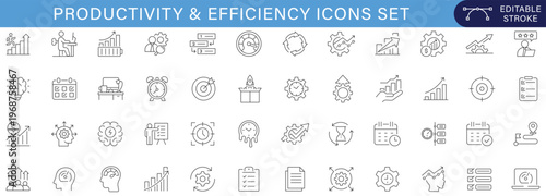 Productivity efficiency icons set business workflow management performance growth analytics planning strategy time organization success line vector collection editable stroke.