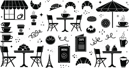 Cafe and Bakery Icon Set Featuring Coffee Cups, Croissants, Donuts, Tables, Menus, and Outdoor Cafe Designs