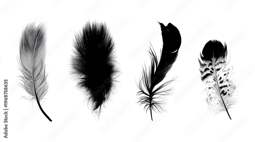 Fototapeta premium Four distinct feathers displayed on a white background.