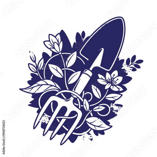 Dark blue silhouette of a garden trowel and hand cultivator tool surrounded by stylized floral leaves and blossoms with a distressed texture effect on a white background