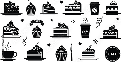 Cafe and Dessert Icon Set Featuring Cakes, Cupcakes, Coffee, and Sweets for Bakery and Cafe Designs
