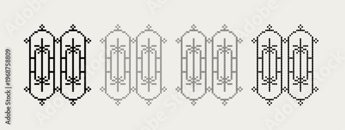 Decorative Ironwork Gate Pattern, Vintage Lace Border Vector, Retro Pixel Cross Stitch Embroidery Style Wedding Invitation Design