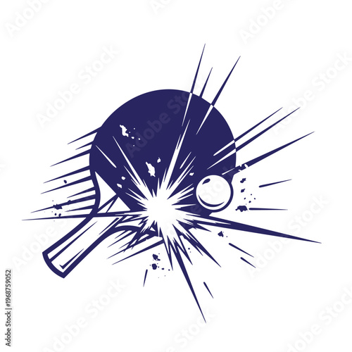 Dark blue silhouette of a table tennis paddle hitting a ping pong ball with dynamic speed lines and explosive impact effects on a white background