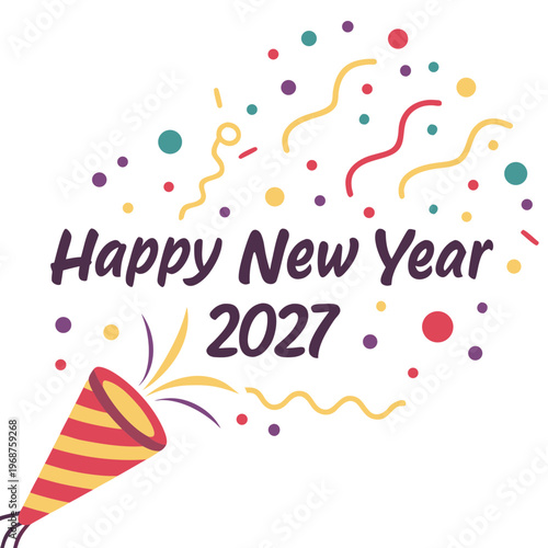 A vibrant and colorful illustration displays happy new year 2027 with celebratory confetti and a party horn high quality professional