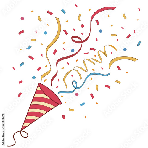 A vibrant illustration depicts a party popper exploding with colorful confetti and streamers against a plain white background high quality