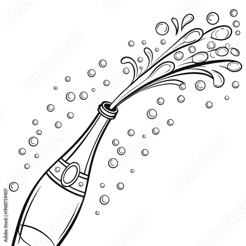An elegant black and white illustration depicts a bottle of champagne erupting in a celebratory spray of bubbles and liquid