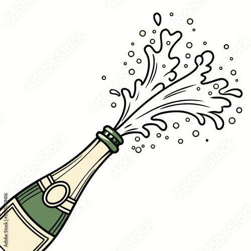 A detailed line drawing depicts a champagne bottle erupting in a celebratory spray symbolizing joy and special occasions high quality