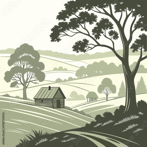 A serene landscape depicts a small rural cabin nestled among rolling green hills and mature leafy trees high quality professional