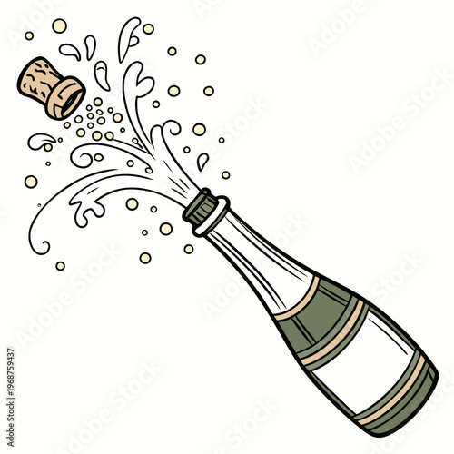 An illustration depicts a champagne bottle erupting as a cork pops with bubbly spray and celebratory swirls high quality professional