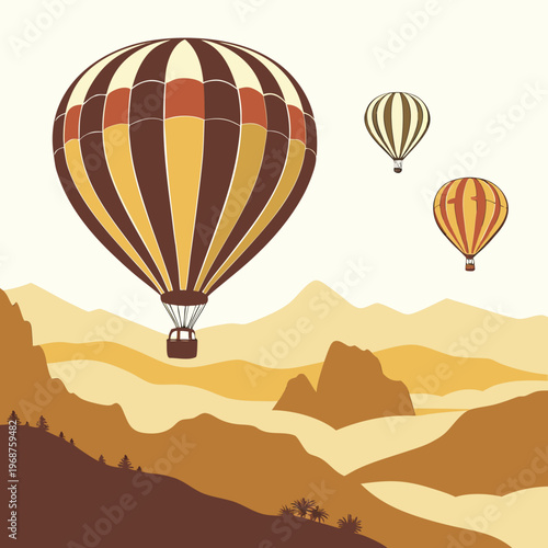 A vintage style illustration depicts three colorful hot air balloons floating above a stylized landscape of rolling hills and mountains