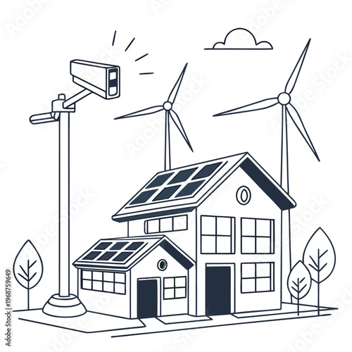 A linear illustration depicts a sustainable home powered by solar panels and wind turbines emphasizing renewable energy sources high quality