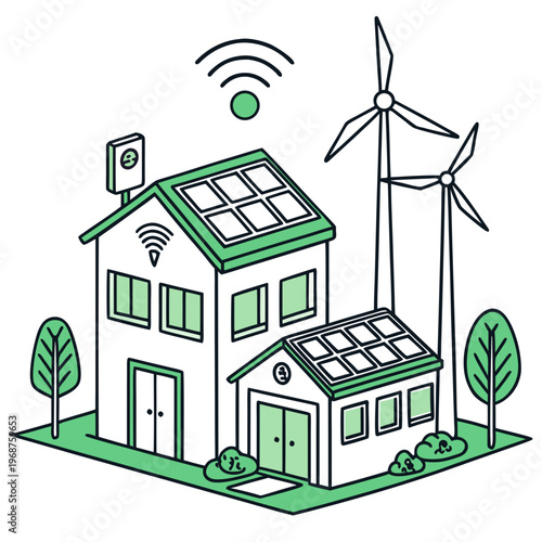 A vibrant illustration depicts a green home powered by renewable energy sources like solar panels and a wind turbine