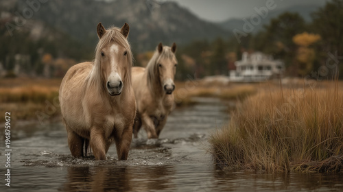 2 horse stand in a creek on a farm with the farmhouse in the background