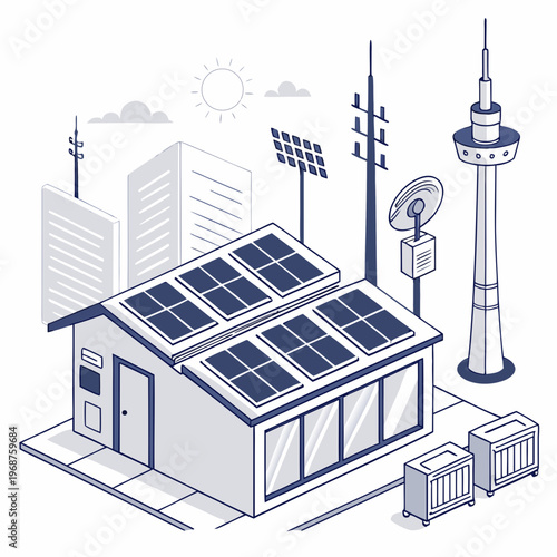 An isometric illustration depicts a futuristic city scene integrating renewable energy sources with modern infrastructure high quality professional detailed elegant