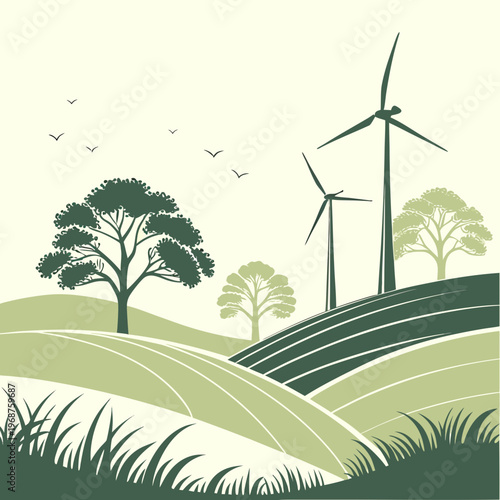 A stylized illustration depicts a rolling green landscape with wind turbines and trees under a clear sky with birds