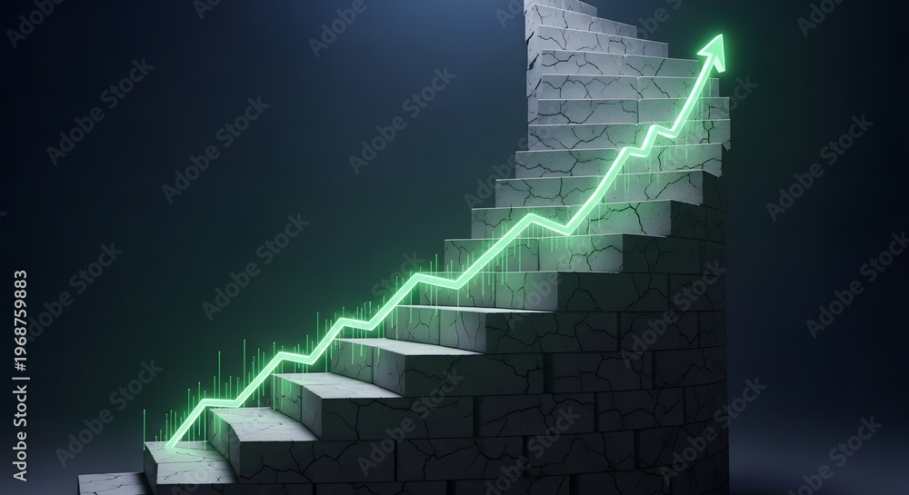 Obraz premium Concrete stairs with glowing arrow showing upward business growth