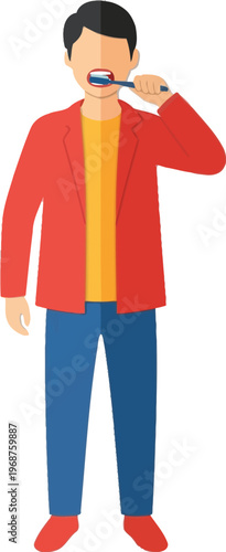 Man stands brushing his teeth, maintaining essential daily personal oral.