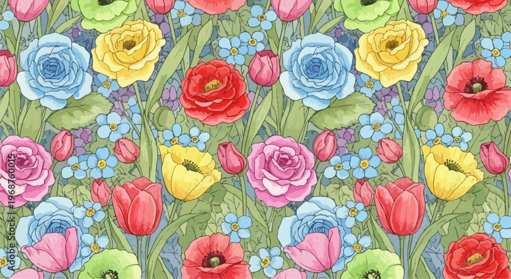 Naklejka premium Playful botanical pattern filled with bright blossoms and leafy elements