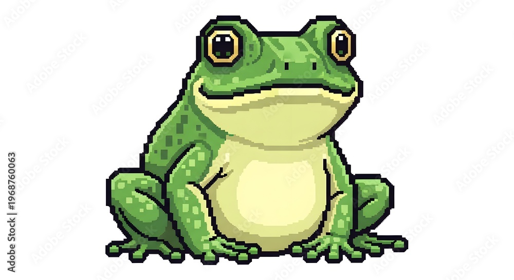 Obraz premium Pixel Art Green Frog Sitting and Looking Forward.