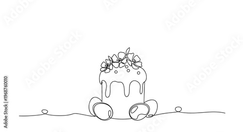 Line art cake with flowers and decorated eggs on white background  