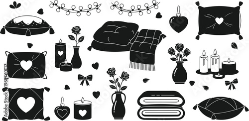 Cozy Home Decor Icon Set Featuring Pillows, Candles, Blankets, Flowers, and Decorative Cushions for Relaxing and Comfort Designs