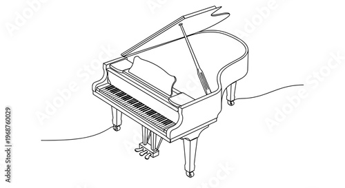Grand piano in outline style with open lid and keys visible  