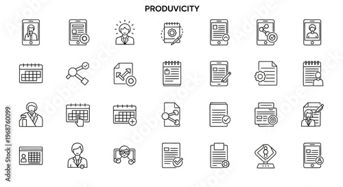 Productivity line icon set, 28 business management and workflow vector elements, professional office organization and time tracking symbols