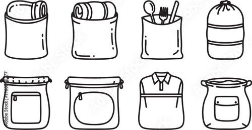 Various types of containers and jars with lids in a simple black and white illustration Vector