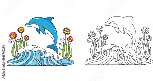 Cute cartoon dolphin jumping over waves with flowers. Colored illustration and black and white line art coloring page vector design set.