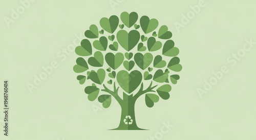 Eco friendly tree with heart shaped leaves and recycling symbol on trunk for environmental conservation