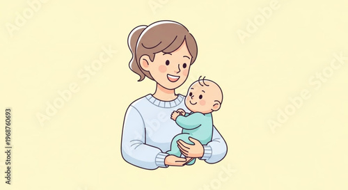 Smiling mother holding adorable baby in her arms conveying love and care with a soft pastel background