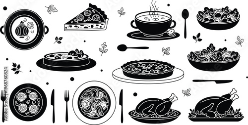 Delicious Food Icon Set Featuring Pies, Soups, Salads, Roasted Chicken, and Pasta Dishes for Culinary and Dining Designs