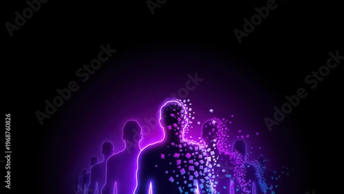 Purple glowing human silhouette with particles disintegrating into background