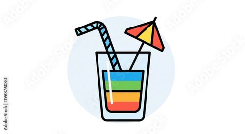 Colorful cocktail glass with umbrella and straw on white background for summer vacation drinks