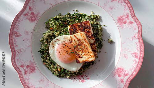 Poached egg and grilled halloumi cheese served on green spinach vegetable base