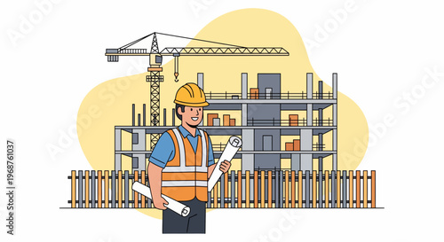 A worker in labor on a worker day holds plans at a construction site with a crane and fence.
