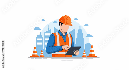 A worker in labor on Worker Day uses a tablet on a construction site.