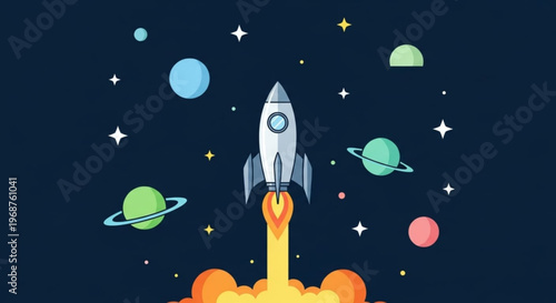 Rocket ship blasting off into space with planets and stars