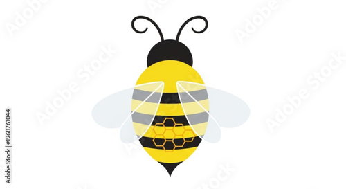 Detailed illustration of a yellow and black bee with honeycomb pattern on body and white wings on white background