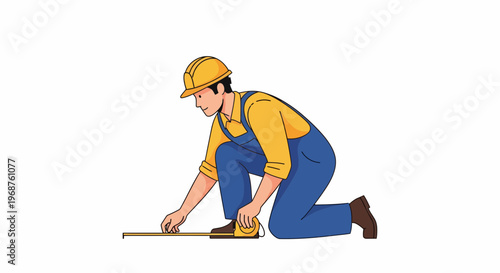 A worker measures with a tape on labor day at construction site.