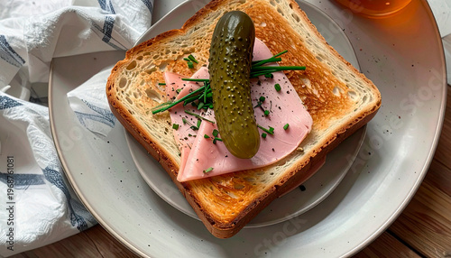 Slice of toasted bread with ham and a whole gherkin pickle garnished with chives