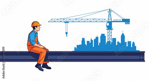 A worker takes a break on a beam with a cityscape and crane behind him on worker day.