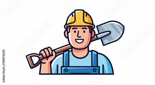 A worker in a hard hat and overalls holds a shovel on a worker day celebrating labor.
