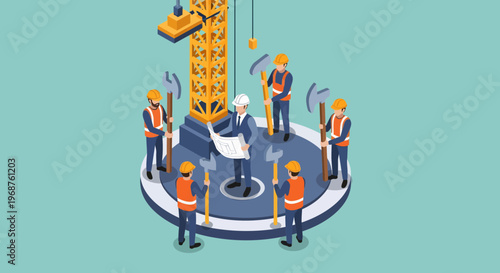 Workers labor on a construction site for worker day with heavy machinery